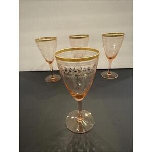 (4) Vintage Pink Diamond Pattern With Etched Depression Wine/ Goblet Gold Rim